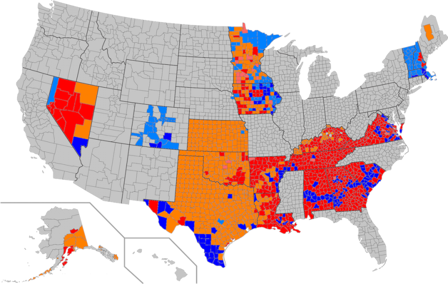 Click to expand  - Red: Trump - Light Red: Rubio - Orange: Cruz - Dark Blue: Clinton - Light Blue: Sanders