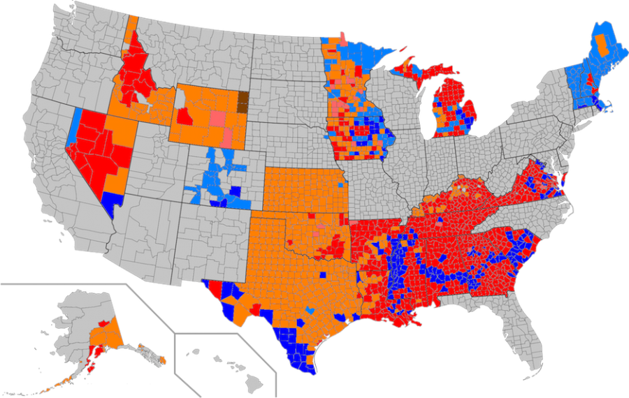 Red - Trump; light red - Rubio; orange - Cruz; dark blue - Clinton; light blue - Sanders. Counties who have not voted at all, or whose preferred party not as of yet - gray. Counties where Uncommitted won - brown.