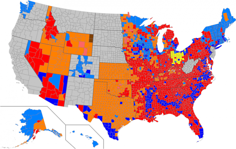 Red - Trump; light red - Rubio; orange - Cruz; yellow - Kasich. Dark blue - Clinton; light blue - Sanders. 