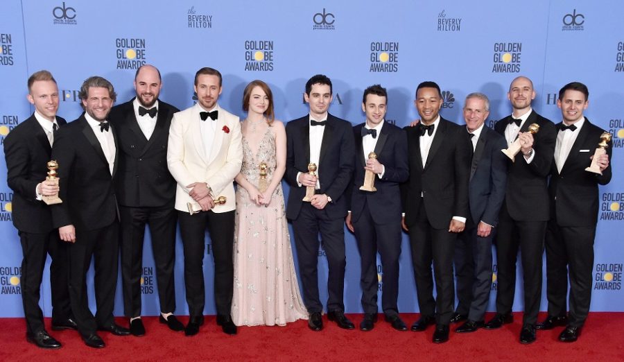 BEVERLY HILLS, CA - JANUARY 08:  (L-R) The cast and crew of La La Land, winners of Best Motion Picture - Musical or Comedy, pose in the press room during the 74th Annual Golden Globe Awards at The Beverly Hilton Hotel on January 8, 2017 in Beverly Hills, California.  (Photo by Alberto E. Rodriguez/Getty Images)